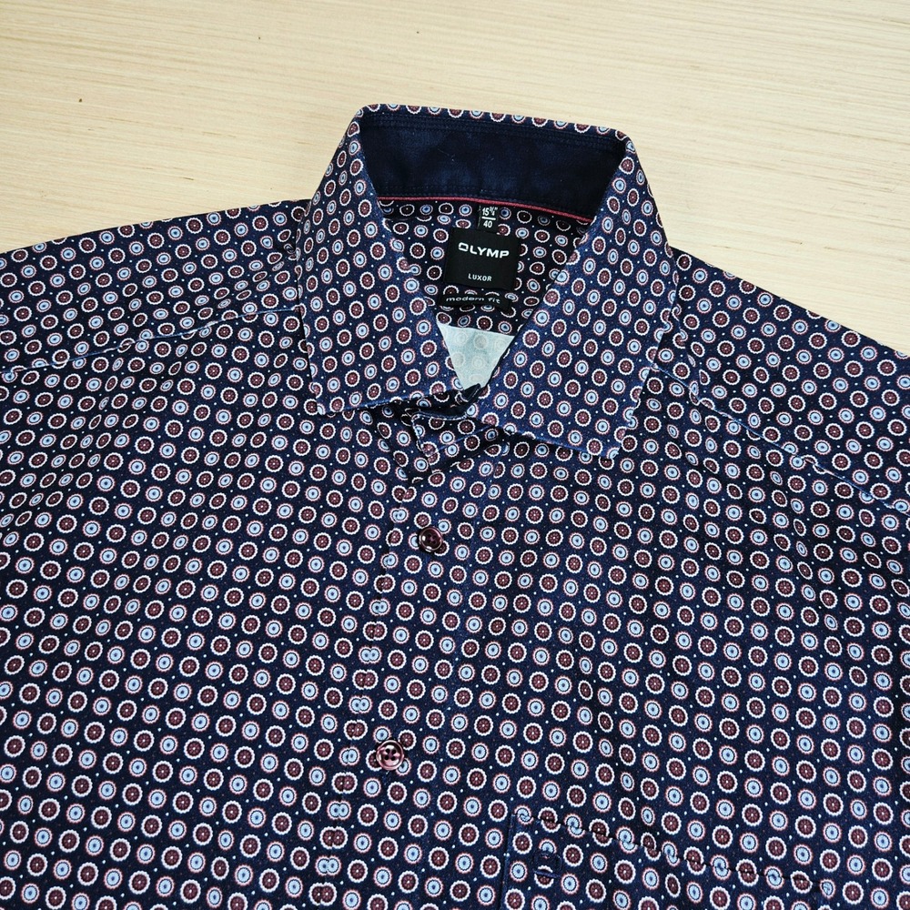 Olymp Button Down Mens 15 3/4 Blue Geometric Paisley Modern Fit Luxor Cotton